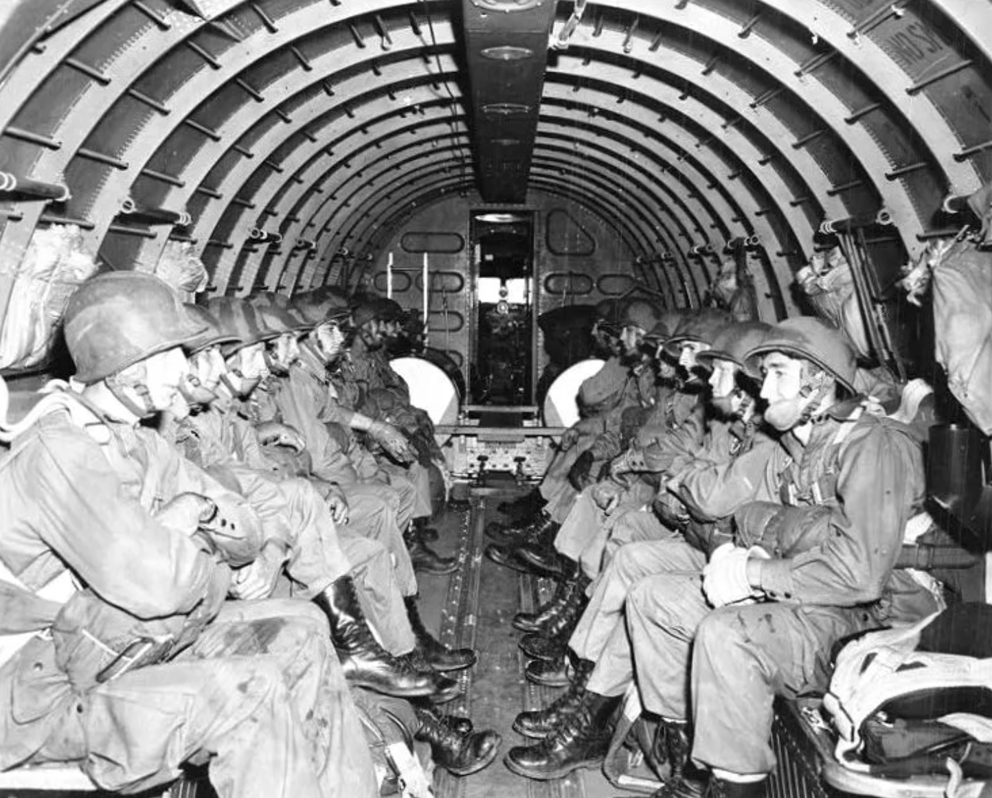 British paratroopers of the 1st Airborne Division in their aircraft during the flight to Arnhem 